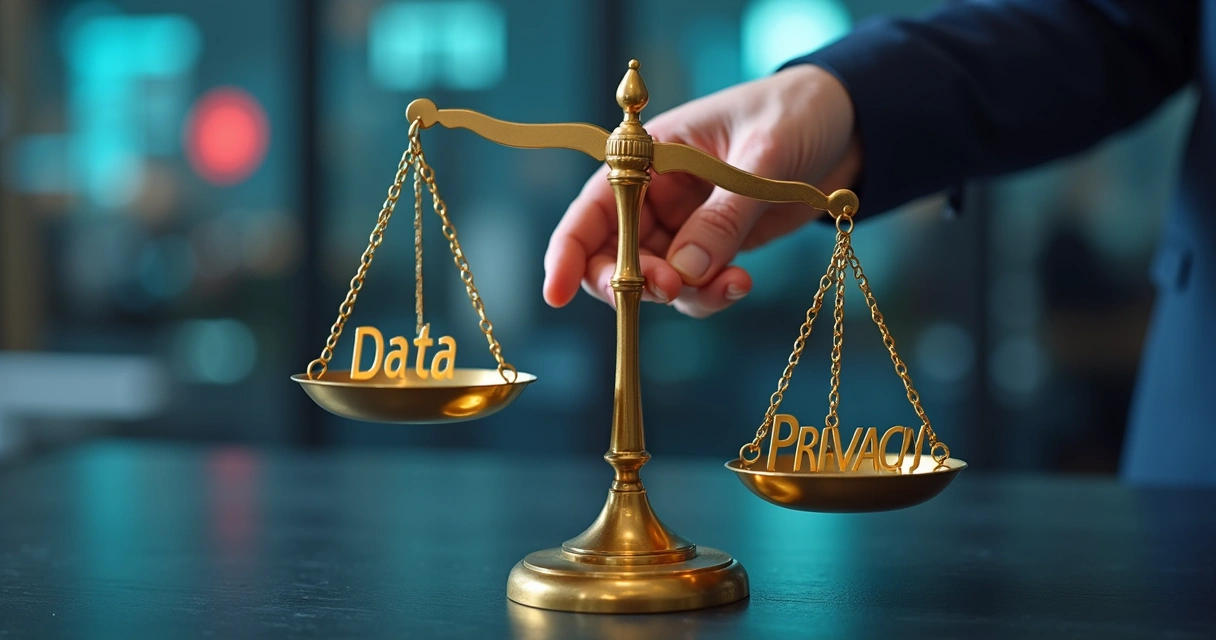 Balança com dados e privacidade sendo equilibrados por uma pessoa 