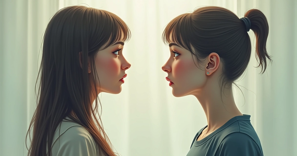 Desenho de uma pessoa olhando para seu reflexo no espelho, cada um com expressões diferentes, em um fundo neutro 