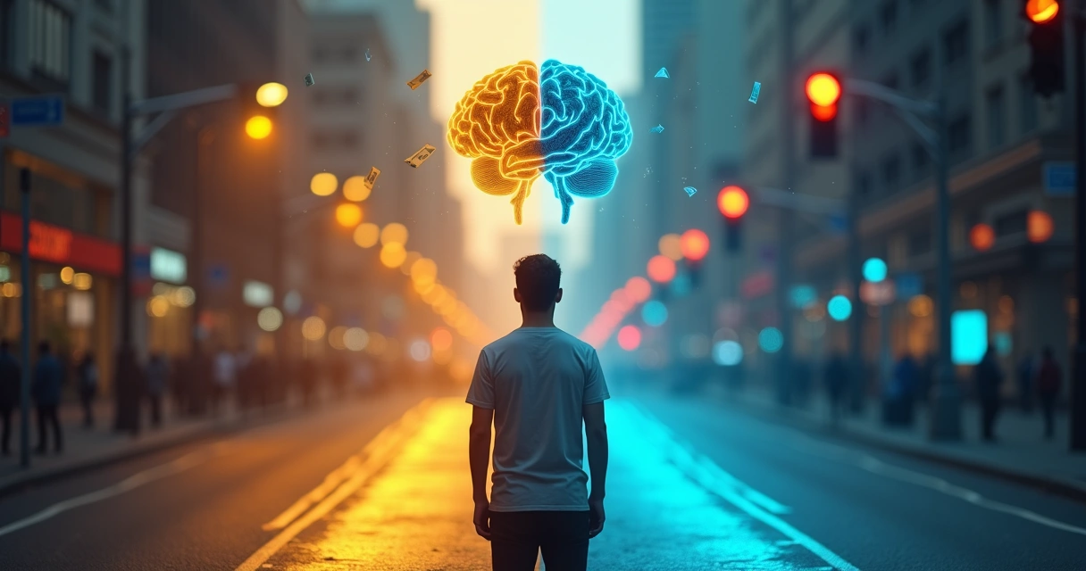 Pessoa dividida entre dois caminhos com símbolos de dinheiro e ética 