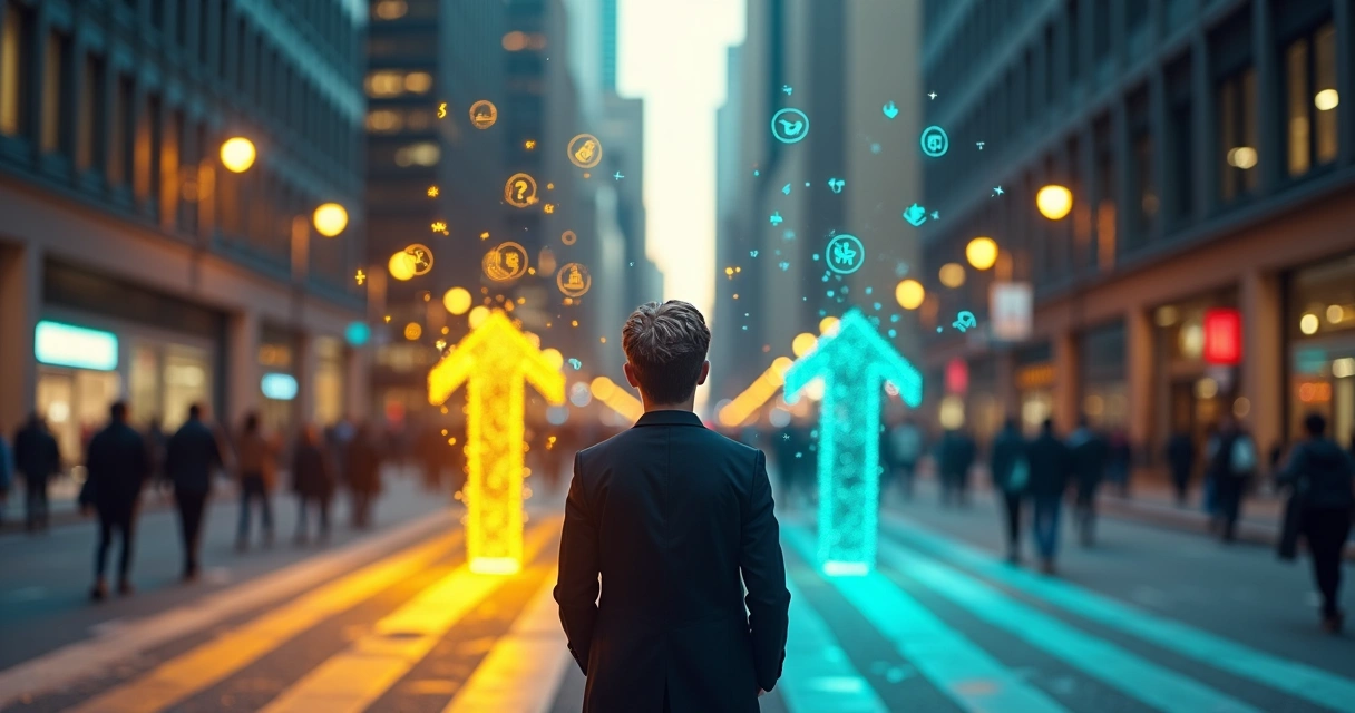 Pessoa diante de duas escolhas com setas opostas representando conflito interno de decisão 