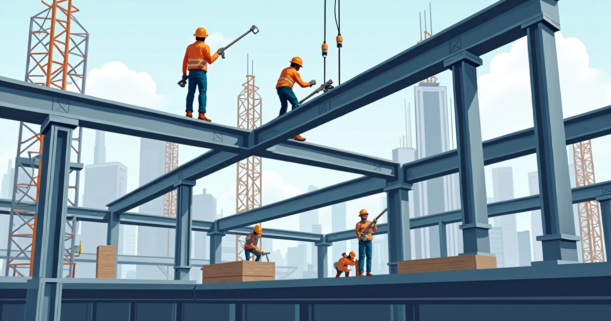 Estrutura metálica com vigas em H, I e W montadas em obra de grande porte; fundo com andaimes e trabalhadores em capacete 