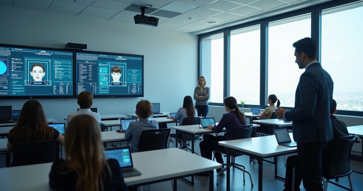 Pantalla con vigilancia digital en un aula moderna