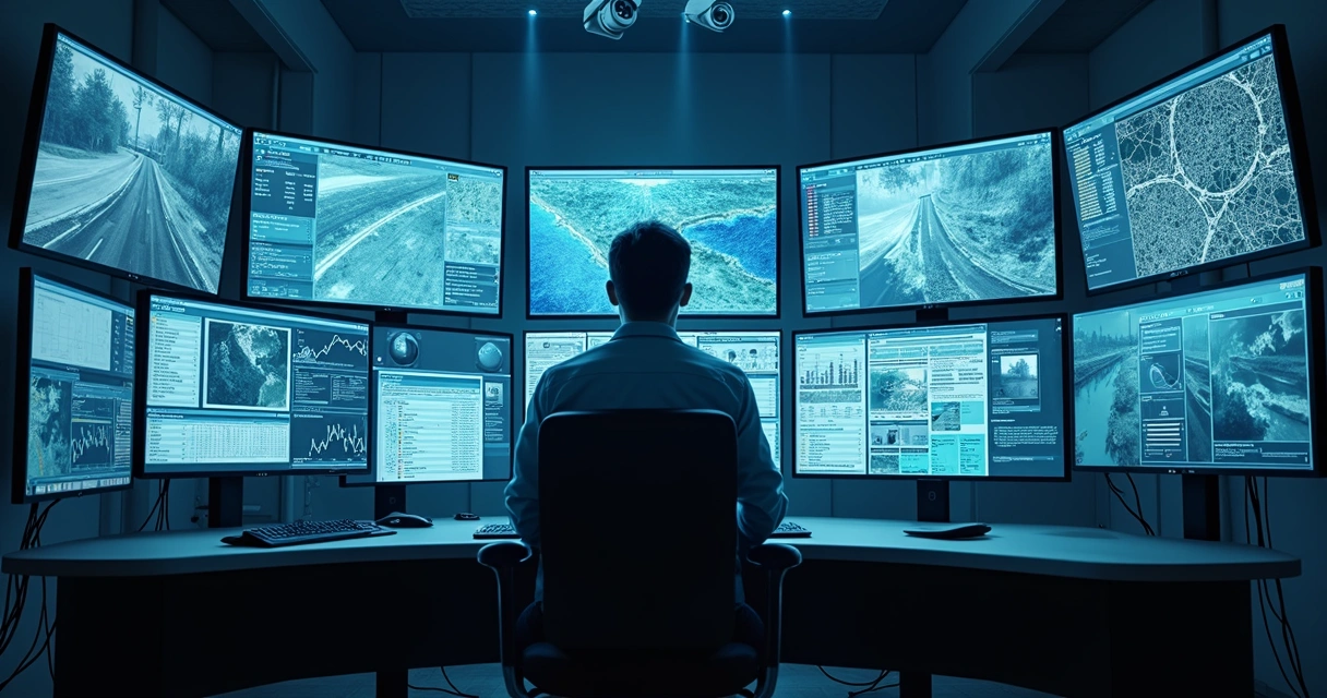 Pessoa sentada em frente a múltiplas telas exibindo gráficos de dados digitais, com câmeras de segurança nos cantos da sala 