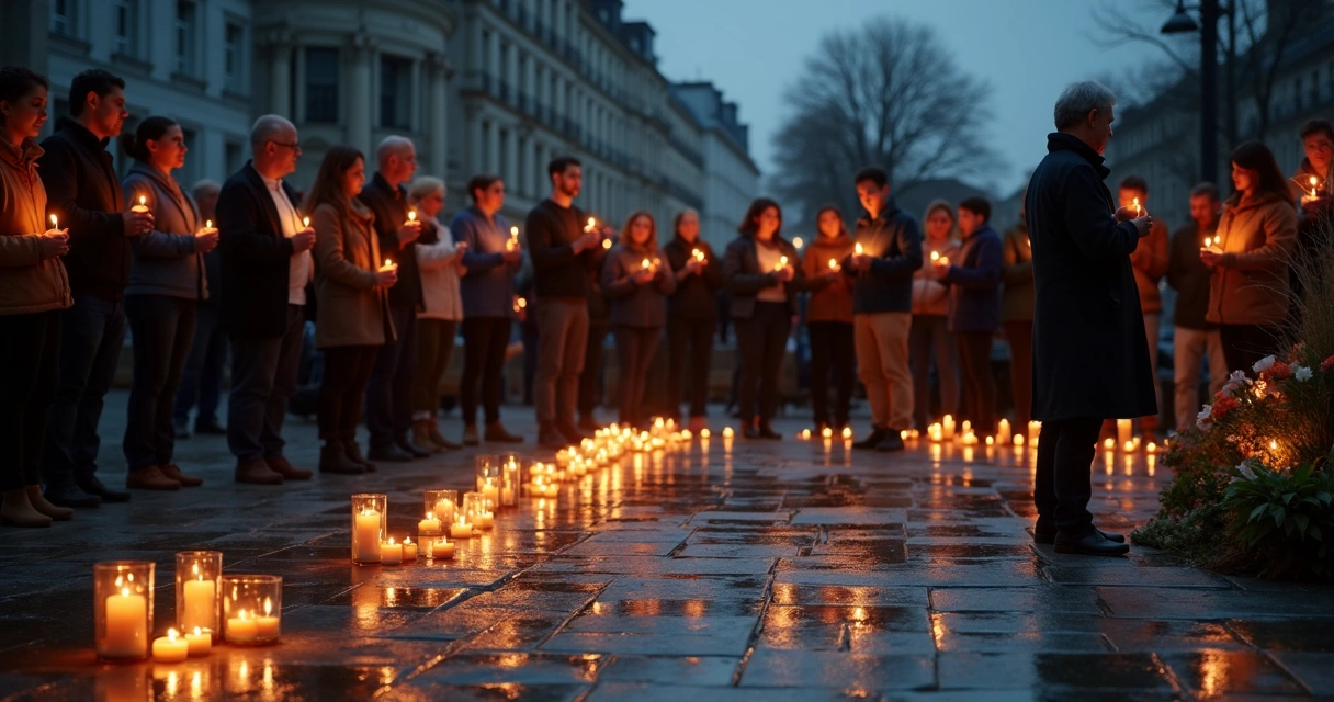 Pessoas reunidas em vigília com velas em praça urbana