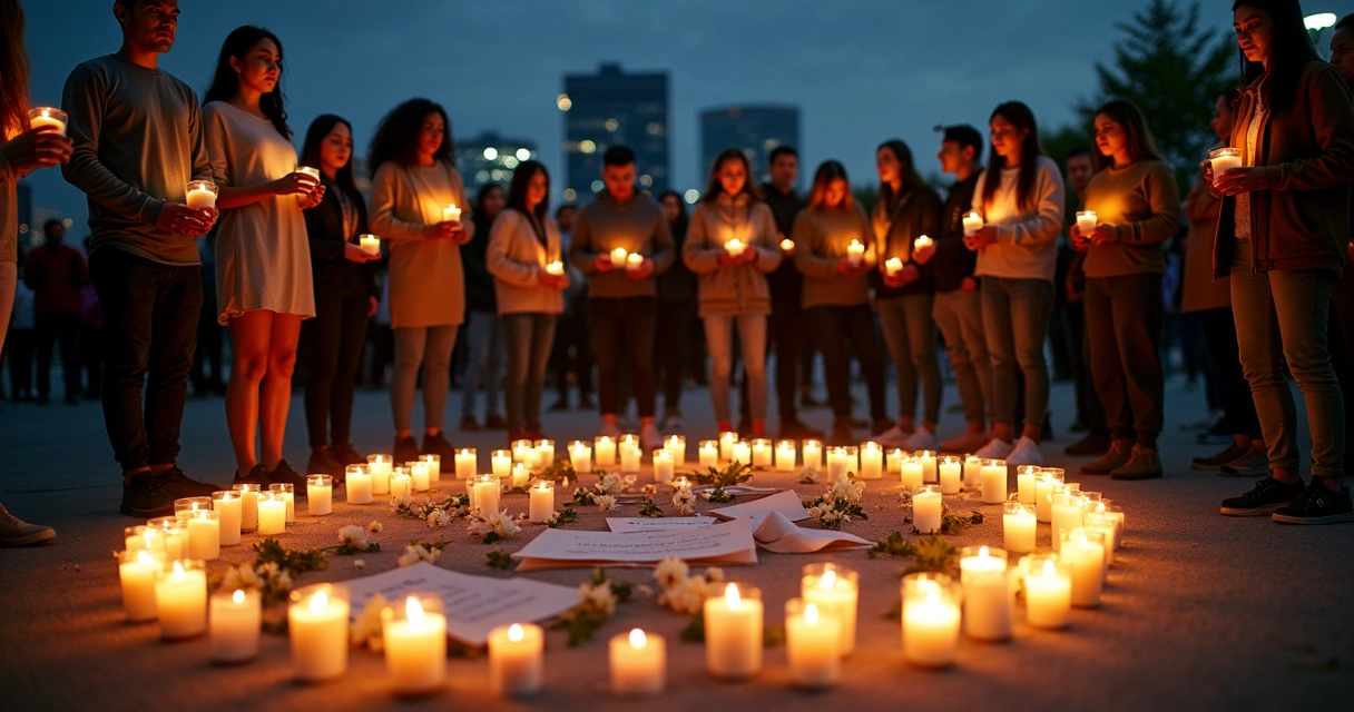Vigília noturna com pessoas reunidas segurando velas em uma praça urbana 