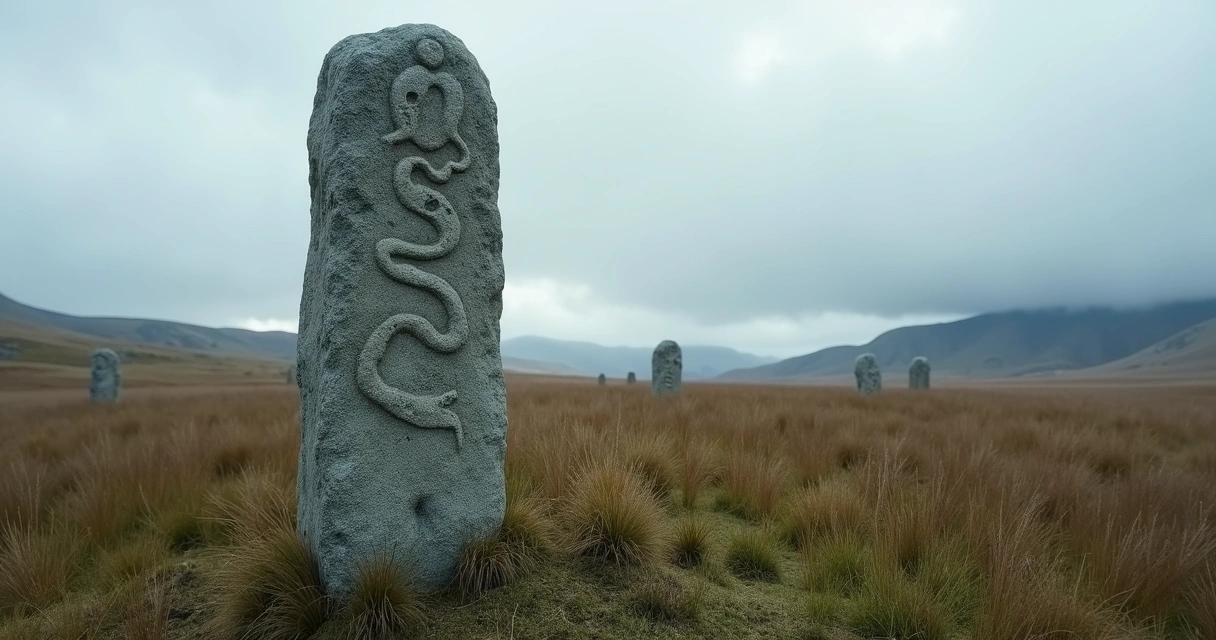 Standing Viking rune stone in Scandinavian field 