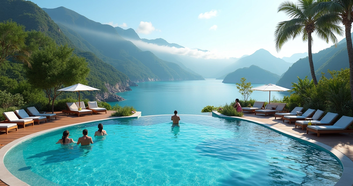 Piscina de resort com vista para montanhas e mar azul 