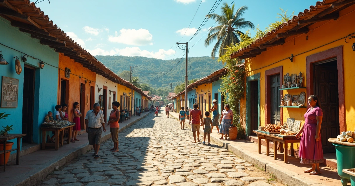 Vilarejo baiano com casas coloridas e pessoas nas ruas 