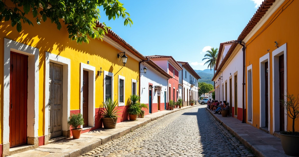 Casas coloridas em vilarejo de Olivença no sul da Bahia 