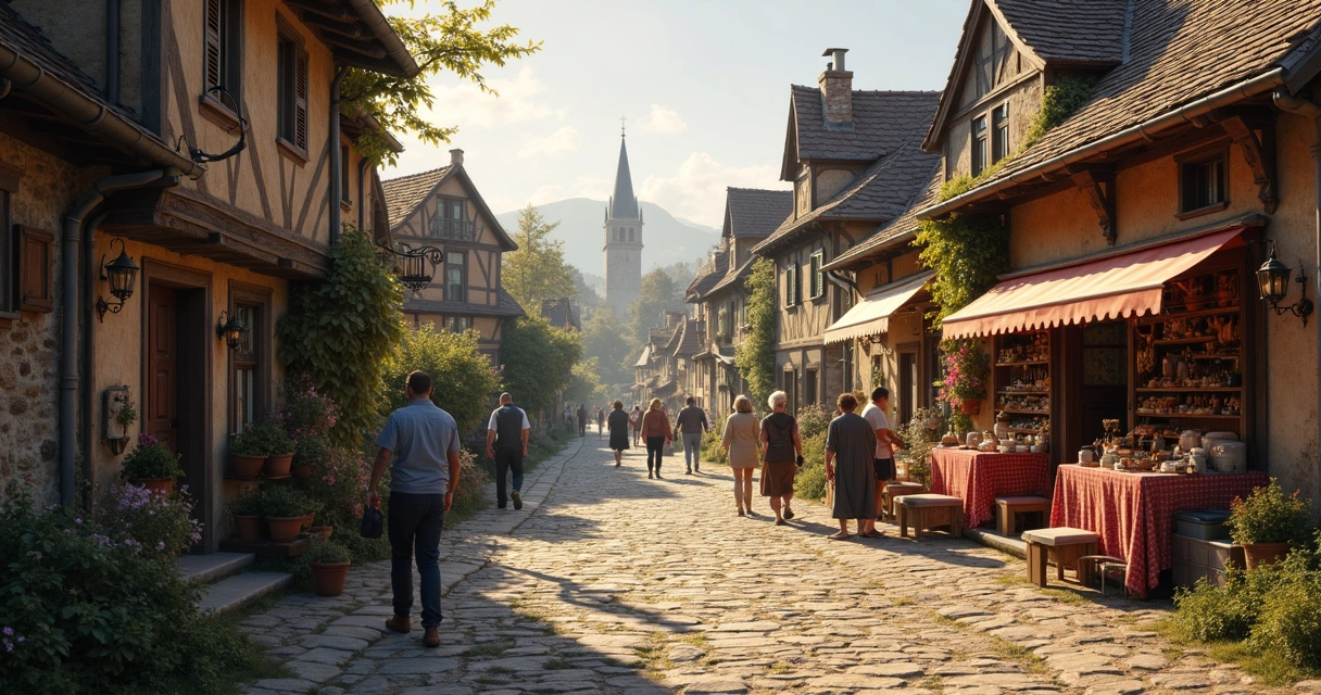 Casas tradicionais em um vilarejo europeu com moradores conversando na rua 