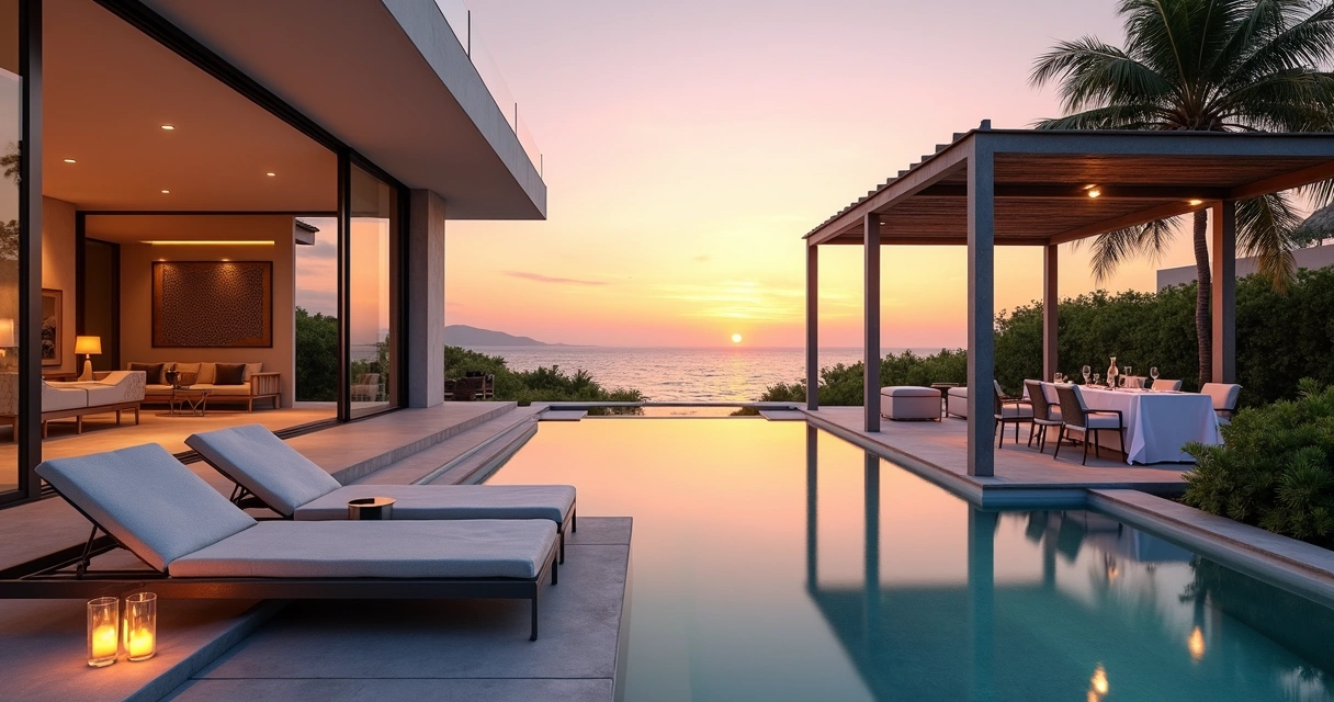 Villa de luxo frente ao mar com piscina privativa ao pôr do sol 