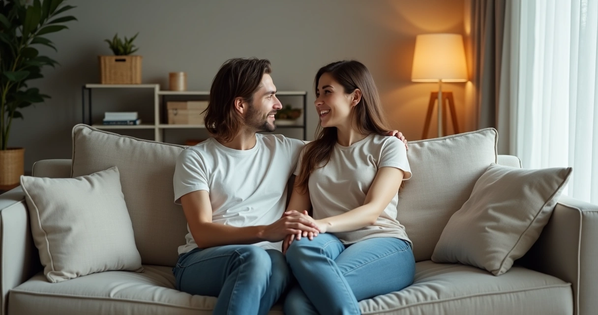 Casal sentado em sofá se olhando com atenção em conversa profunda 