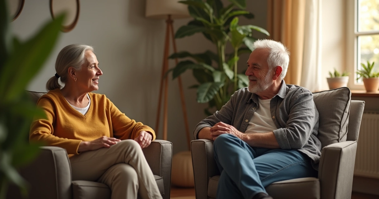 Duas pessoas sentadas conversando de frente em um ambiente tranquilo 