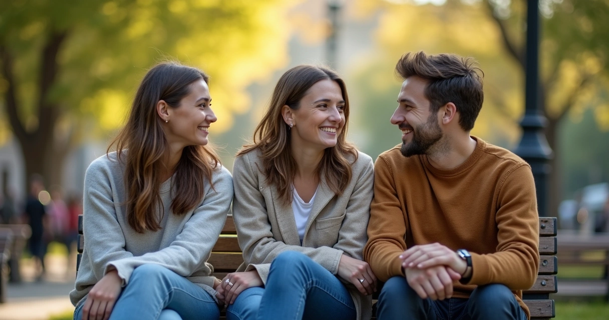 Grupo de três pessoas sorrindo e conversando com sinceridade ao ar livre 
