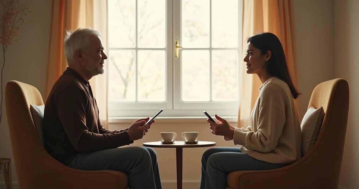 Casal em diálogo atento em ambiente tranquilo 