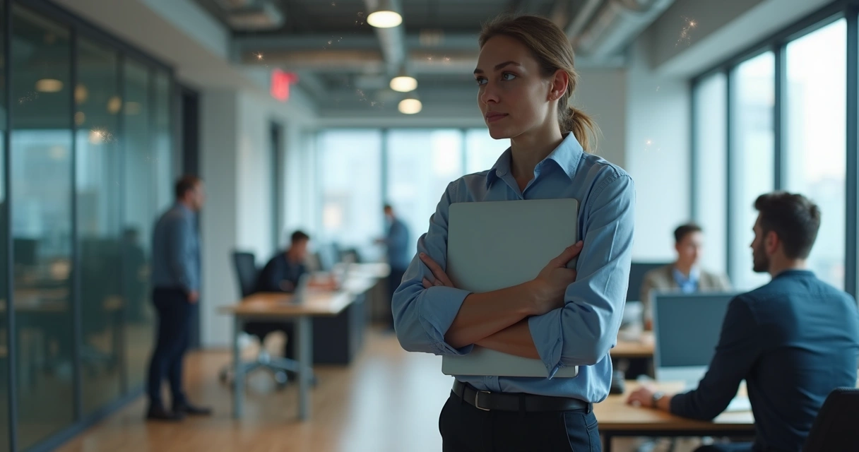 Profissional conectado por delicados fios invisíveis a colega em escritório moderno 