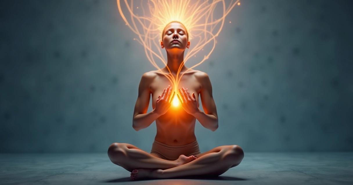 Vínculo emocional entre mente y cuerpo, silueta humana, líneas de energía coloridas