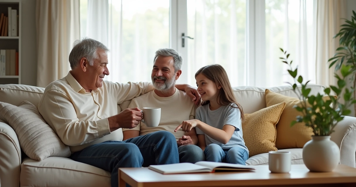 Três gerações da mesma família sentadas no sofá interagindo carinhosamente 