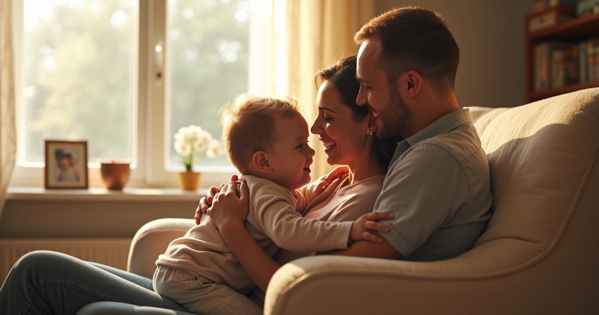 Criança pequena recebendo abraço de adultos em uma sala iluminada 