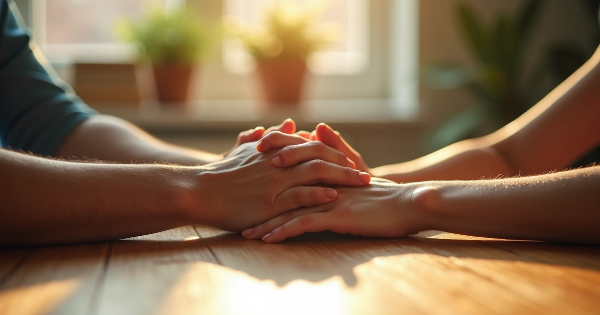 Manos de dos personas tocándose suavemente sobre una mesa como símbolo de apoyo y confianza 