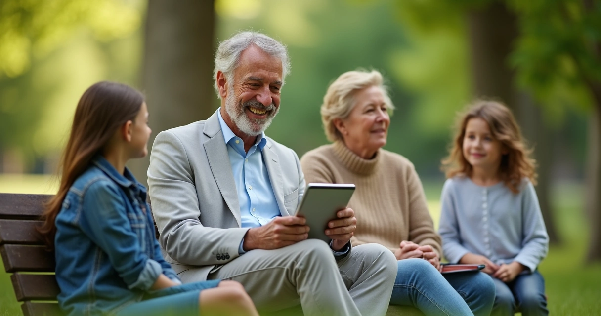 Candidato político conversando com eleitores por meio de tablet, todos sorrindo em uma praça 