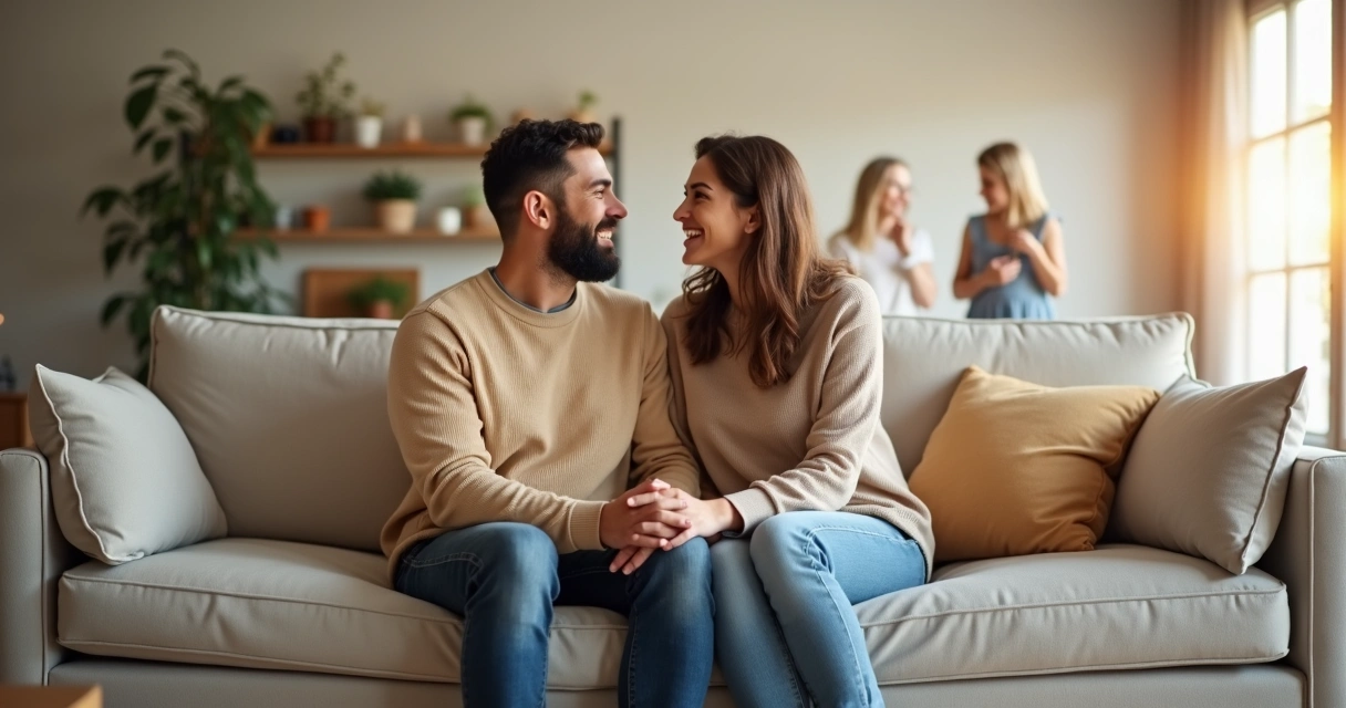 Casal sentado em sofá com linha luminosa conectando cada um às suas famílias ao fundo 