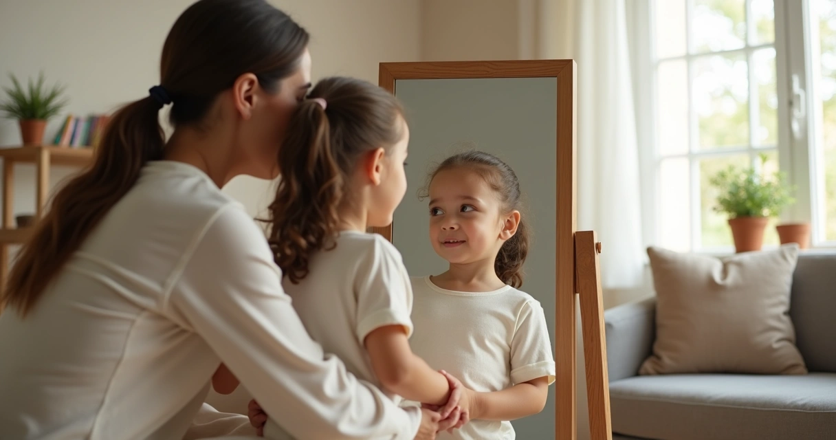 Niña pequeña se mira en un espejo mientras su madre la abraza desde atrás 