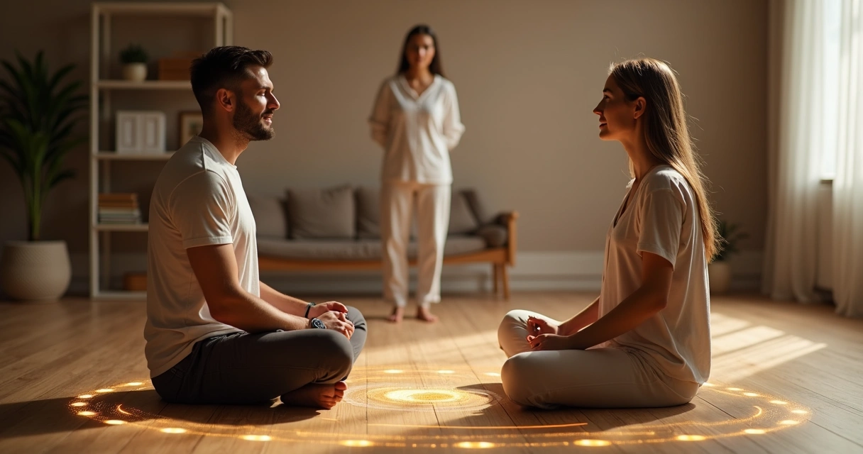 Homem e mulher de olhos fechados conectados por linhas de luz em um círculo de constelação sistêmica 