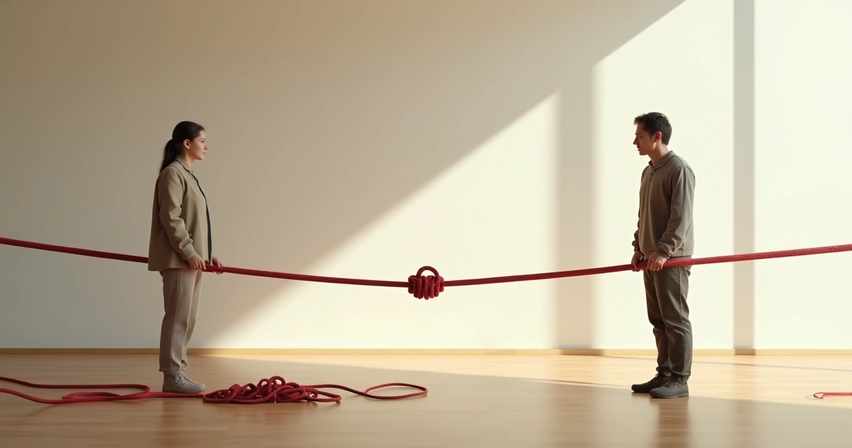 Duas pessoas em lados opostos de corda estendida formando laço equilibrado no centro 