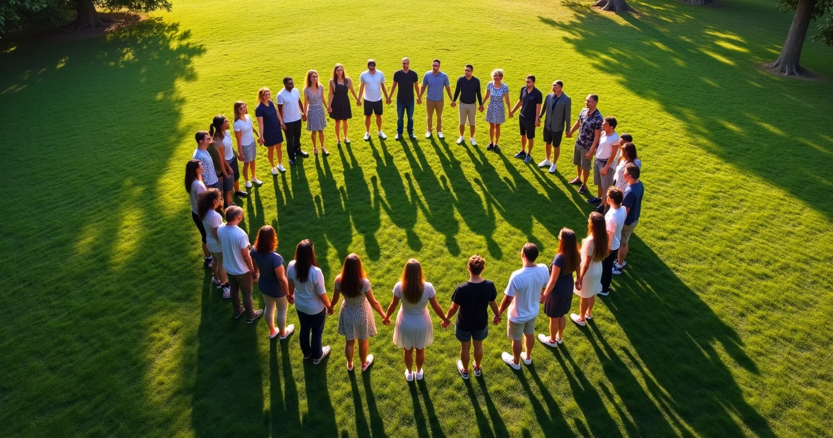 Grupo de personas tomados de las manos en círculo, vista aérea 