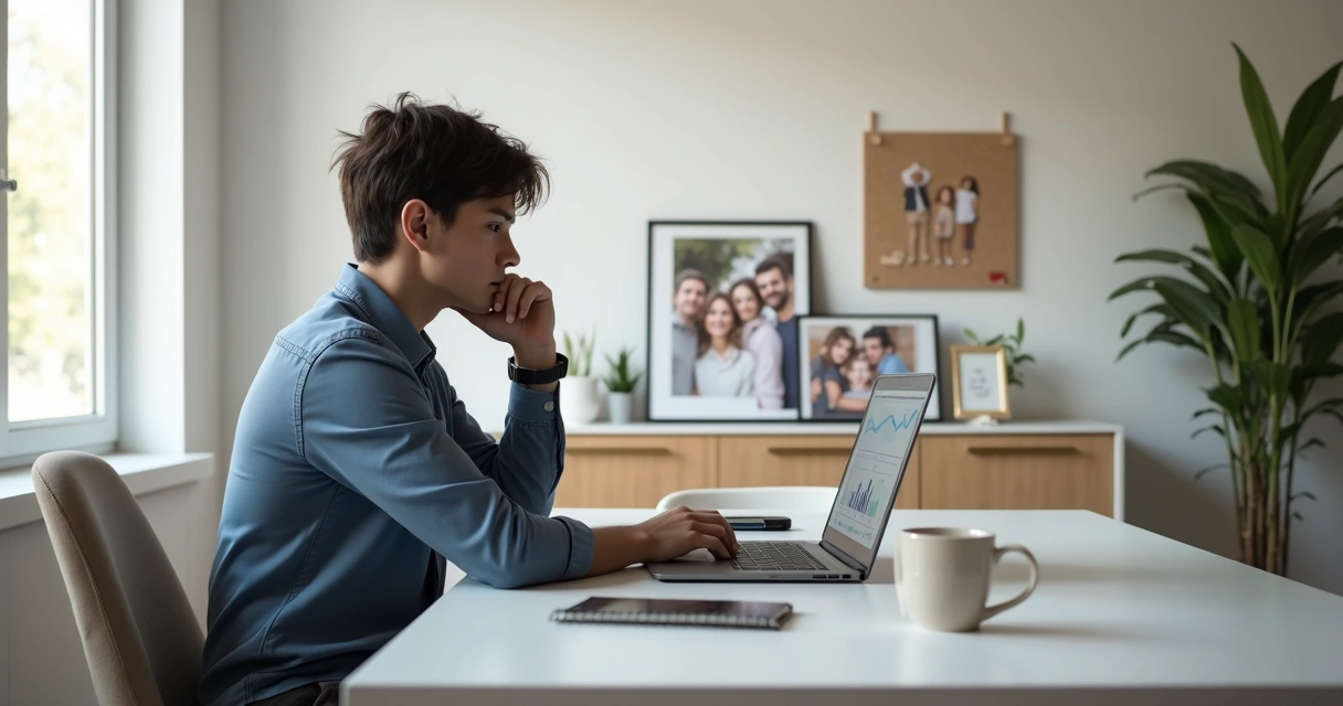 Profissional em escritório pensando com fotos da família ao fundo 