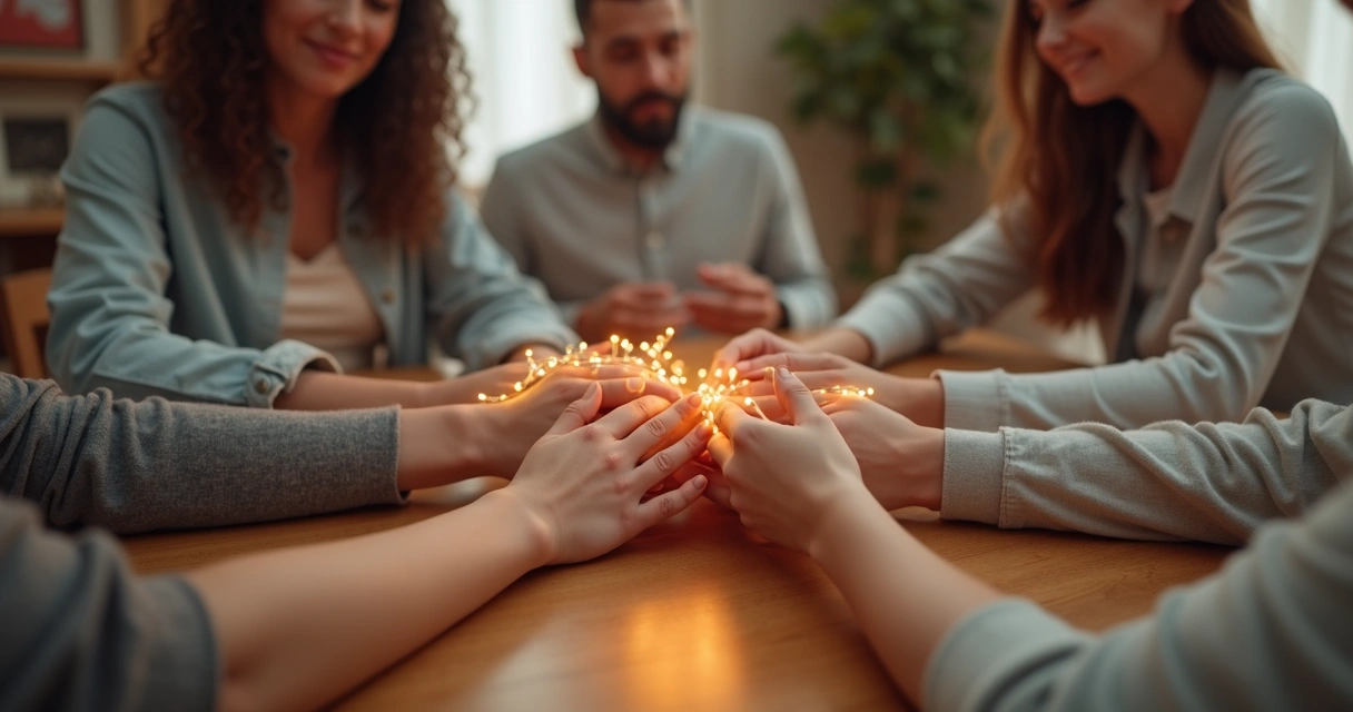 Duas mãos entrelaçadas, laço simbólico envolvendo vários membros de uma família reunida 