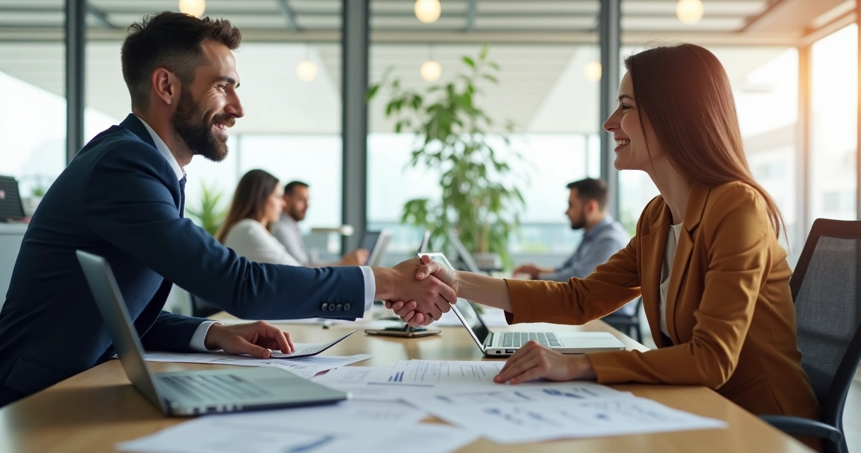 Duas pessoas apertando as mãos em uma mesa de escritório iluminada por luz natural 