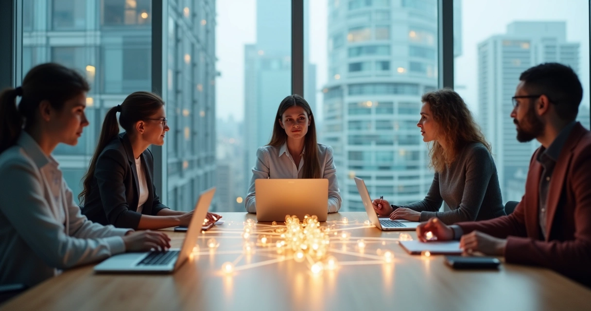 Equipo de trabajo en oficina conectando puntos luminosos que simbolizan vínculos invisibles 