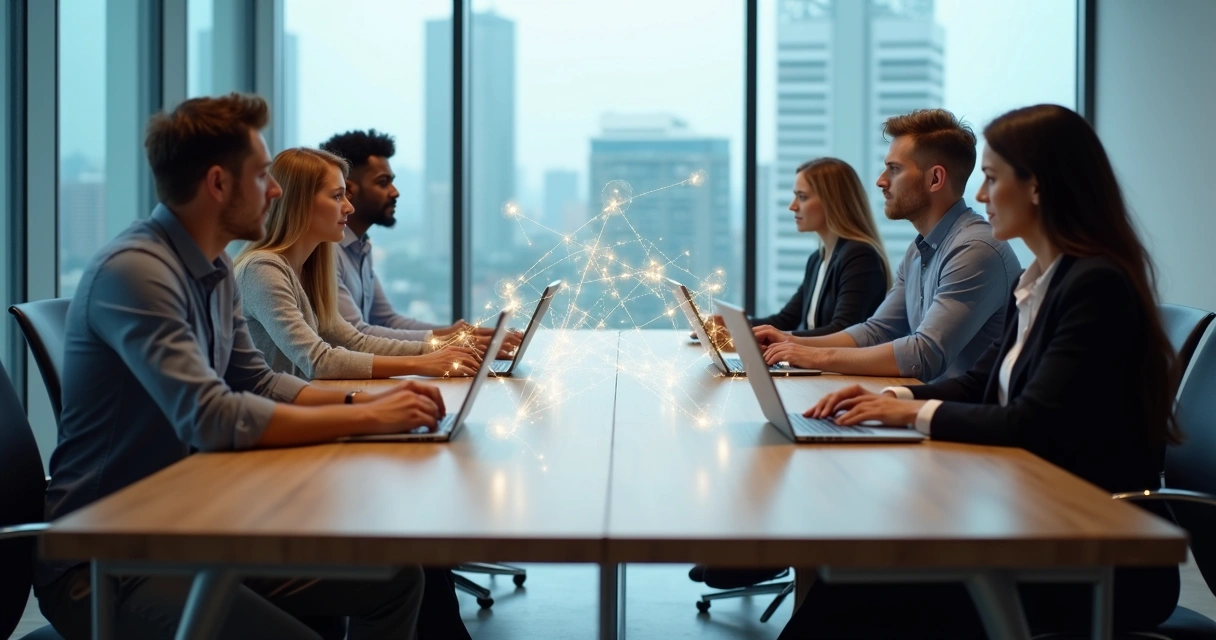 Seis executivos conectados por linhas de luz representando vínculos invisíveis na cultura empresarial 