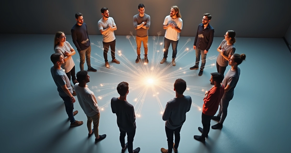 Grupo de pessoas conectado por linhas de luz representando vínculos invisíveis 