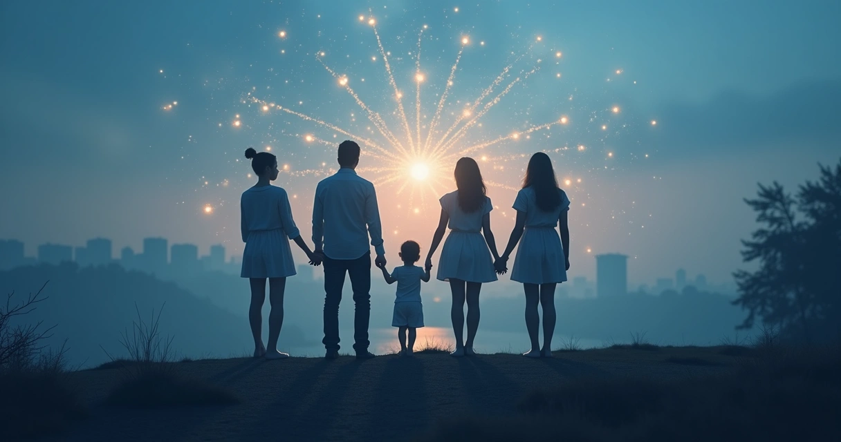 Silhuetas de pessoas ligadas por linhas de luz formando uma rede sutil 