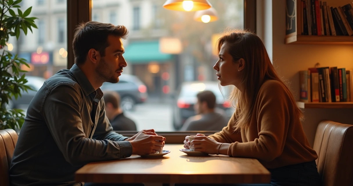 Duas pessoas em um café conectadas por linhas luminosas sutis ao redor 