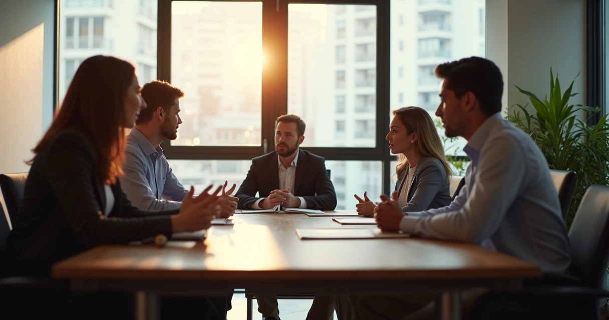 Grupo sentado em mesa, interagindo em silêncio e trocando olhares. 