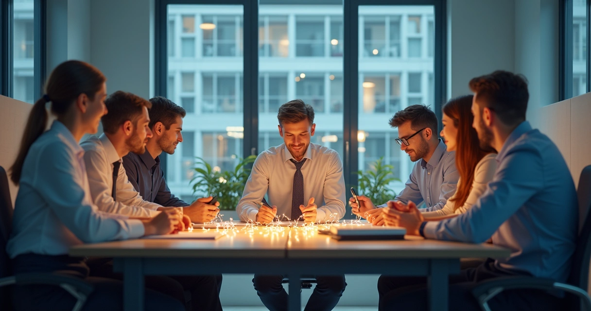 Equipe de escritório conectada por fios invisíveis, ilustrando vínculos ocultos 