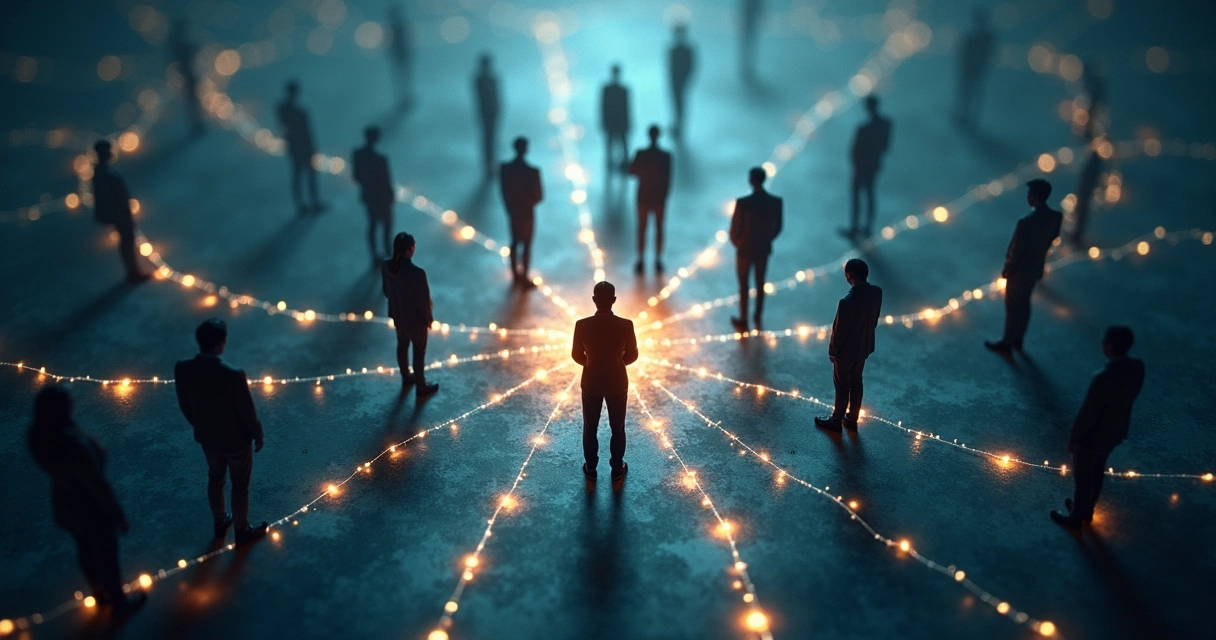 Rede de pessoas conectadas por linhas de luz simbolizando vínculos sistêmicos 