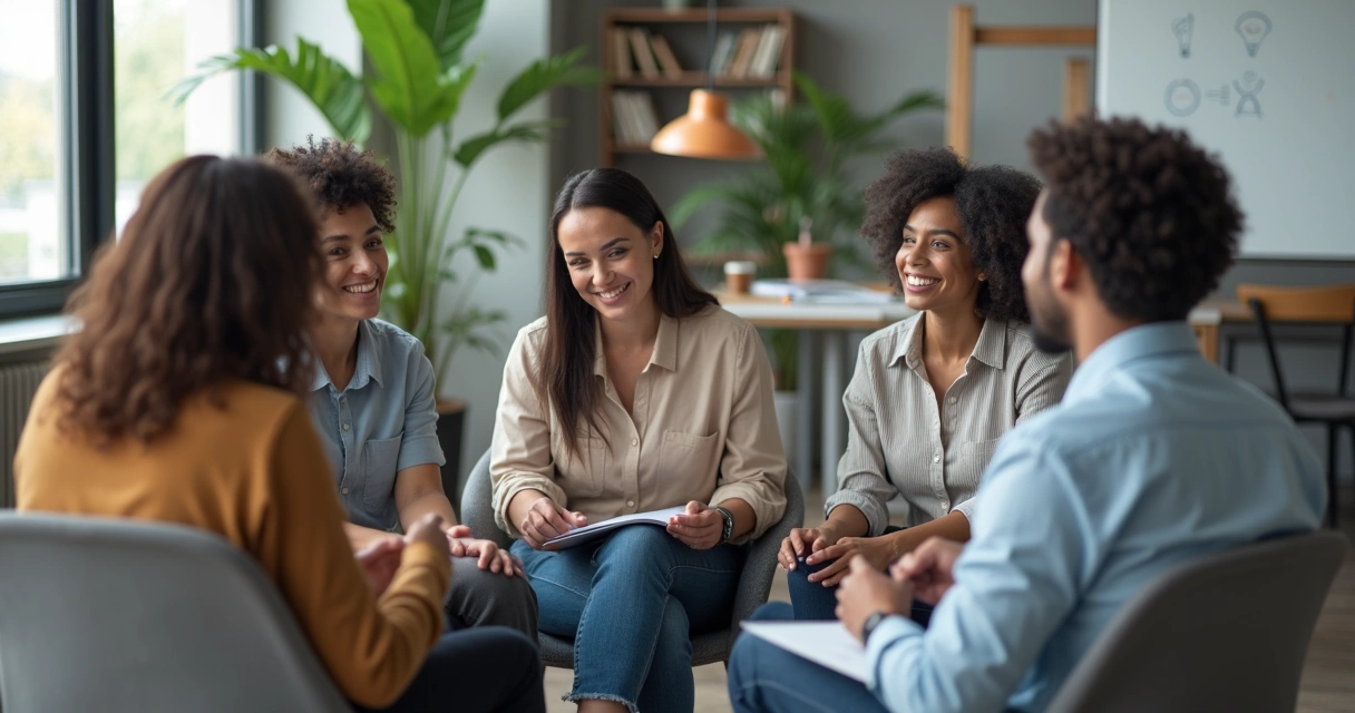 Grupo diverso de profissionais em roda conversando em ambiente institucional acolhedor 
