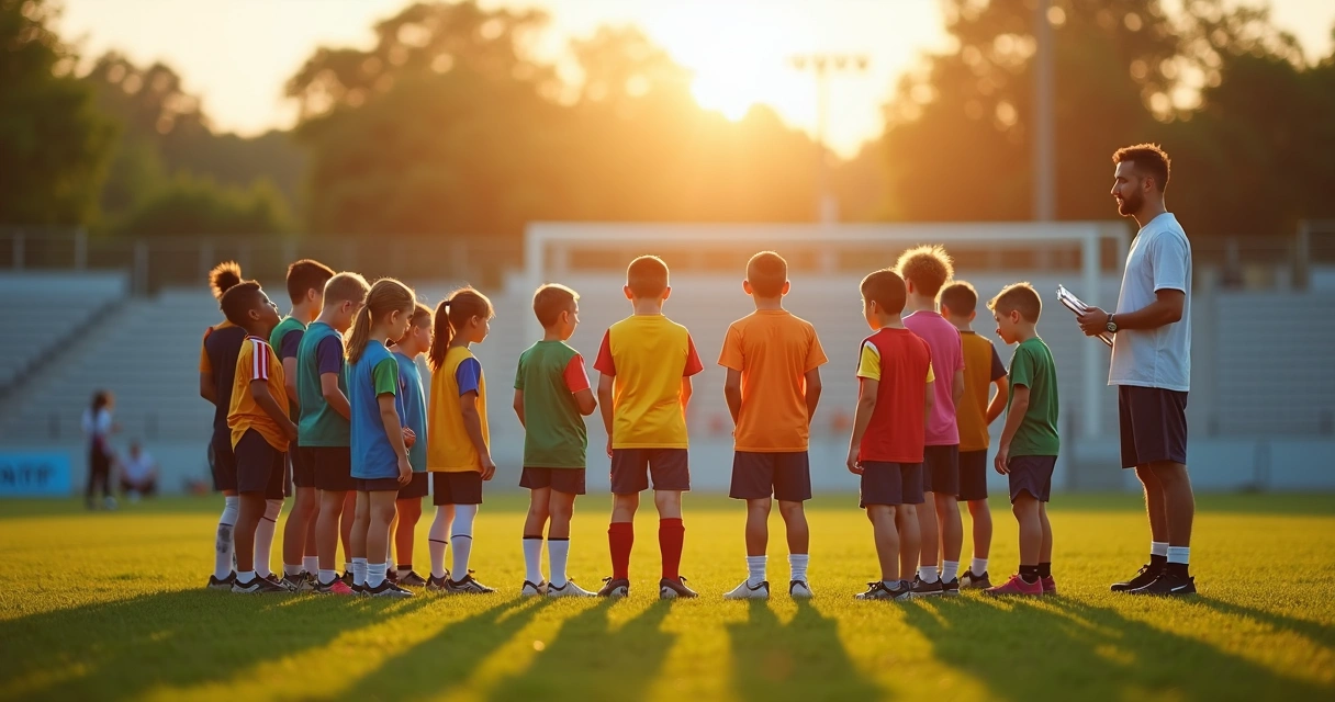 Time infantil em campo esportivo conectado por linhas de energia suaves 