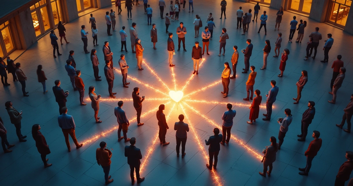 Personas en una plaza conectadas por líneas traslúcidas que representan lazos sociales intangibles. 