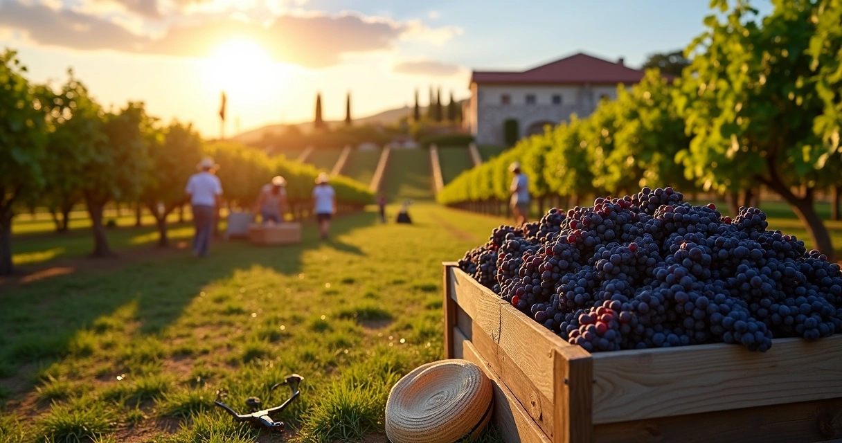 Parreiral de uvas sendo colhidas ao pôr do sol em Bento Gonçalves 