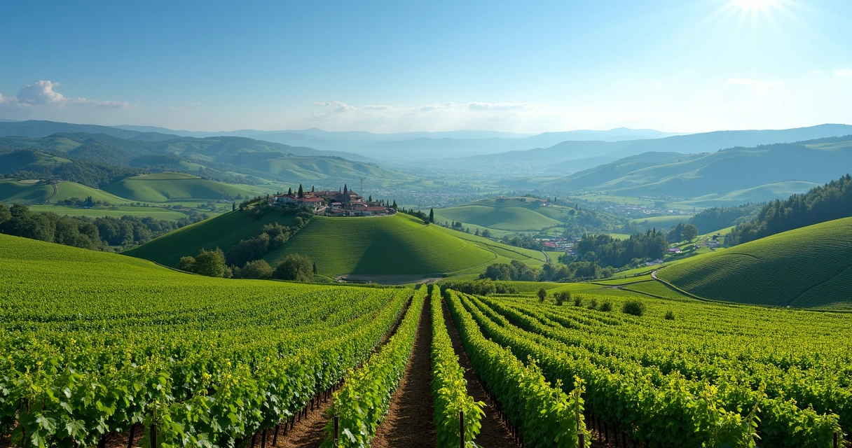 Vinhedos do Piemonte com colinas verdes e vilarejos