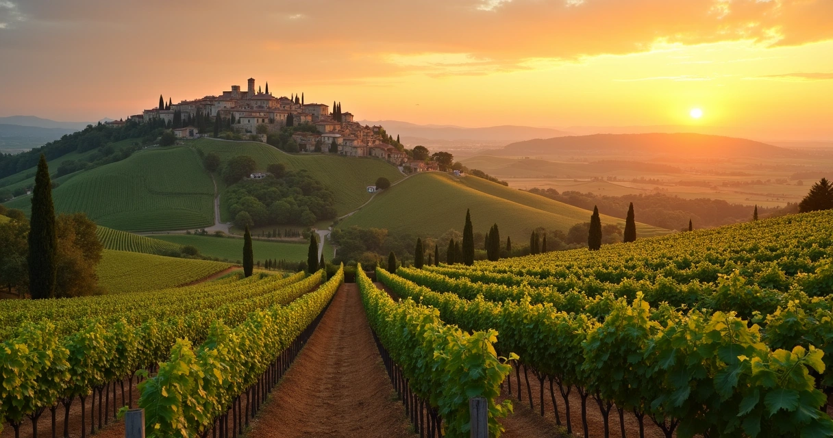 Vinhedos da Toscana com estrada de ciprestes e colinas