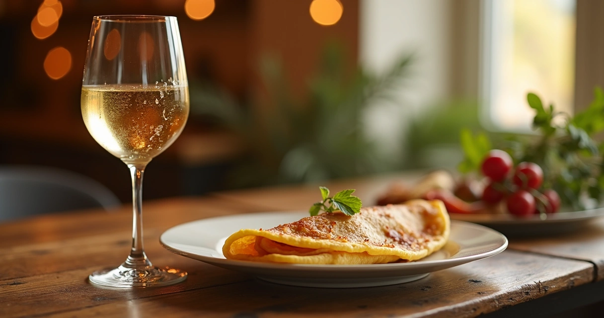 Taça de vinho branco ao lado de crepe salgado 