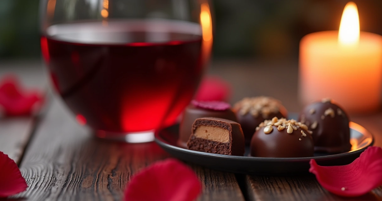 Vinho tinto e chocolates em cenário romântico
