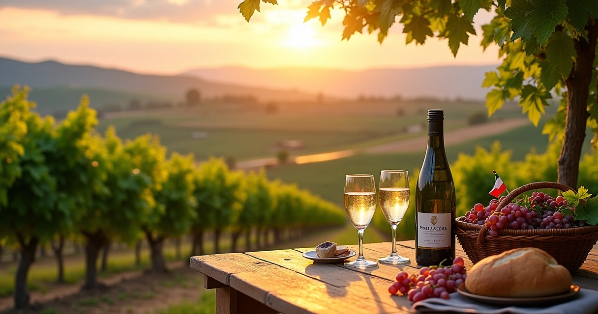 Vinha em Pinto Bandeira com uma família italiana celebrando, taças de espumante e paisagem ao pôr do sol.